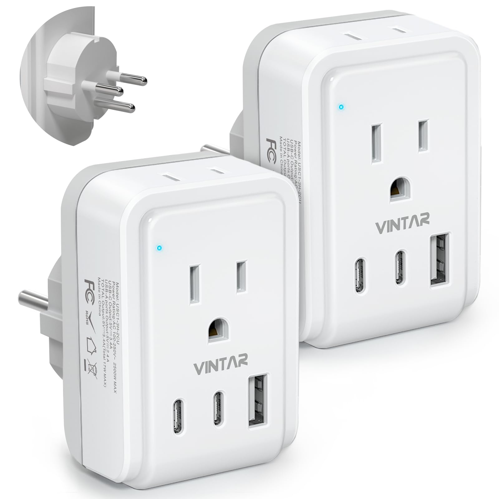 [2-Pack] Israel Power Adapter, VINTAR Israel Plug Adapter with 3 USB Ports(2 USB C) and 2 Outlets, 5 in 1 Type H Travel Adaptor for US to Israel, Palestine, Jerusalem