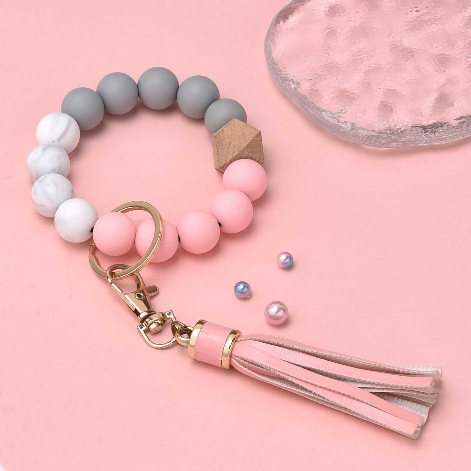 BAOSIWA Silicone Beaded Bracelet Keychain Wristlet Key Ring Pink Bangle Chains for Women Girls with Leather Tassel