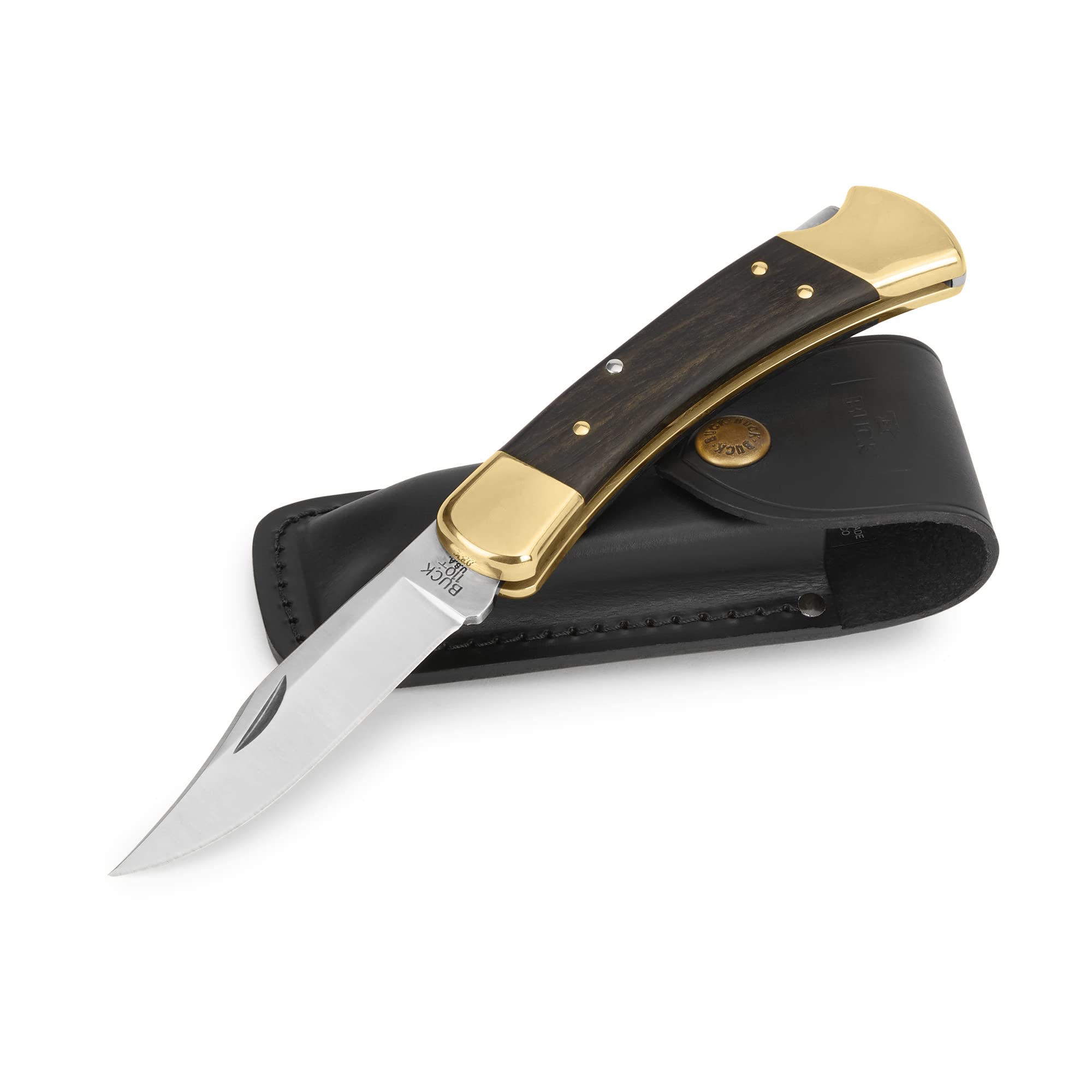 Buck Knives 110 Folding Hunter Lock-back Knife, Brass Bolsters, Ebony Handles, 3-3/4" 420HC Blade with Leather Sheath