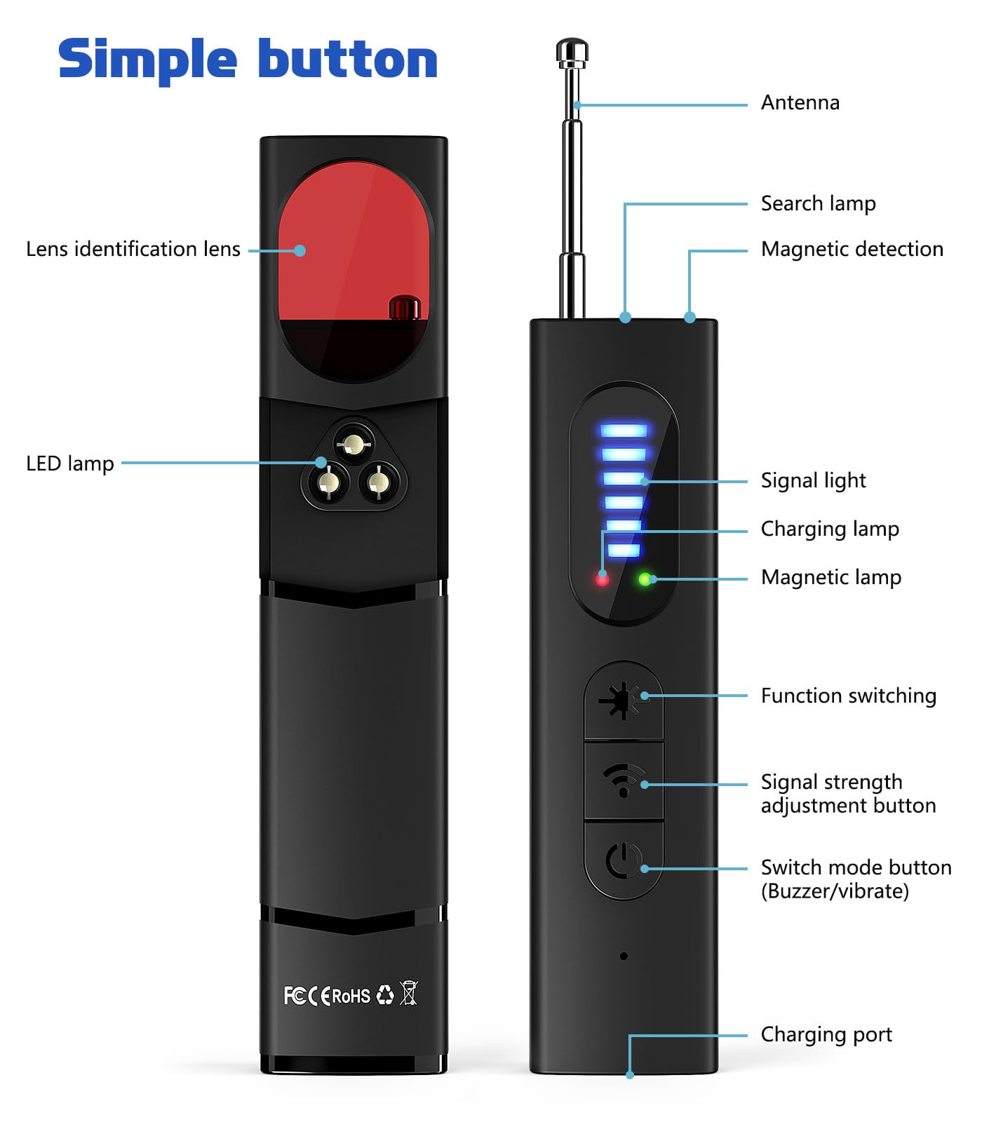 Hidden Camera Detectors, Camera Detector, Bug and Hidden Camera Detector, Anti Spy RF Signal Scanner, Wireless Rechargeable for Home丨Office丨Travel丨Hotel, 6 Levels Sensitivity 4 Modes, 34H Work