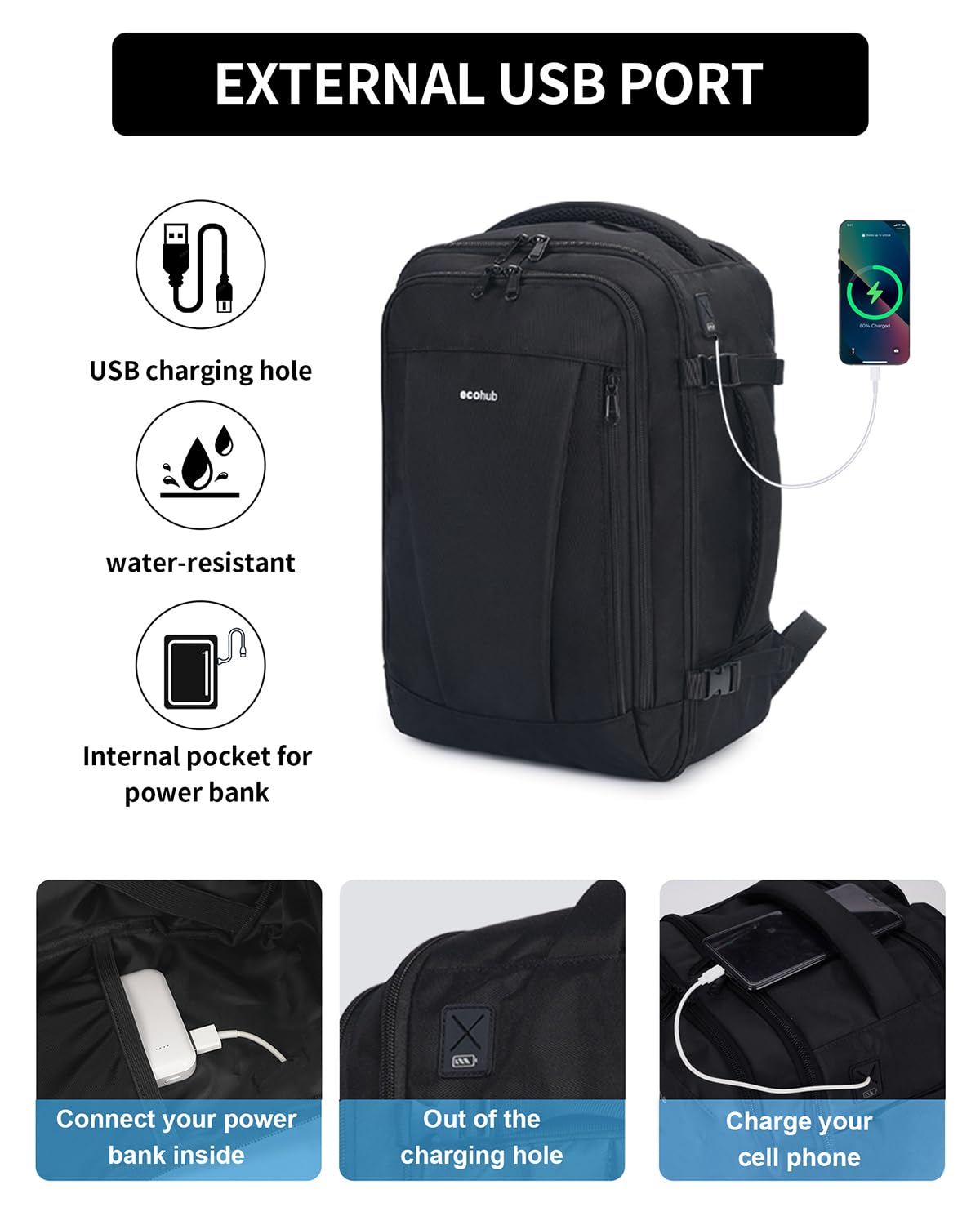 ECOHUB 17'' Travel Backpack, Personal Item Backpack with 13 Pockets, Flight Approved Carry on Backpack with USB Port & Luggage Sleeve, Travel bag for Men & Women, Water Resistant Backpack, Black