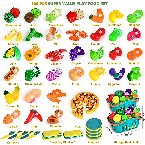 100 Pcs Play Food Set for Kids Kitchen, Pretend Food Toy for Toddlers Age 1-3, Plastics Cutting Fake Food/ Fruit/ Vegetable Accessories with 2 Baskets, Birthday Gifts for 2 3 4 5 Years Old Boys Girls