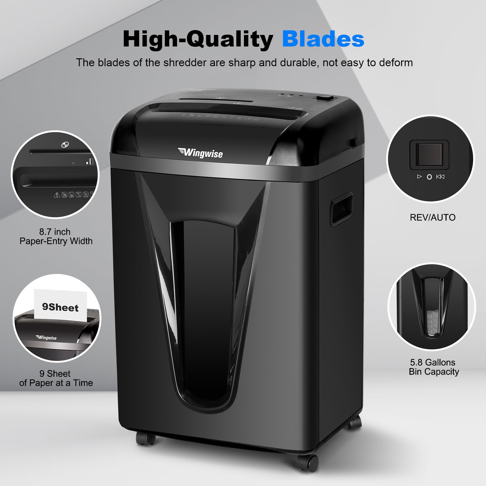 Wingwise Paper Shredder for Home Office, P-5 High-Security Level, 9-Sheet Micro-Cut Heavy Duty Shredder with 5.8-Gallon Large Basket, Shreds CDs & Credit Card & Staples, Black