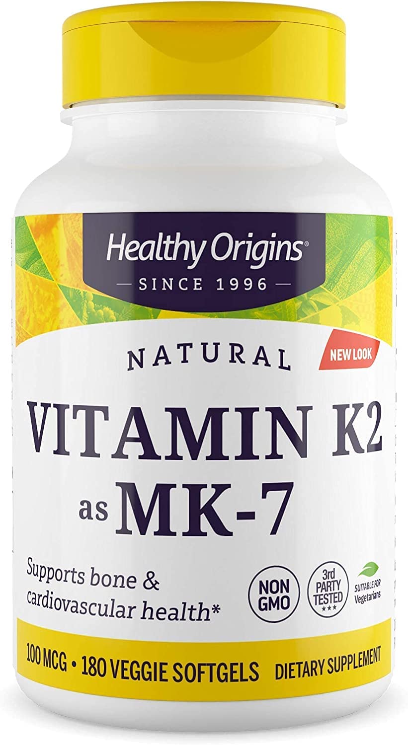 Healthy Origins Vitamin K2 as MK-7, 100 mcg - K2 Vitamins for Heart Health, Bone Health & Calcium Metabolism - Gluten-Free Supplements - 180 Veggie Softgels