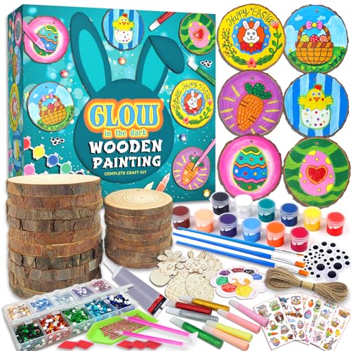 klmars Easter Wooden Painting Kit-Glow in The Dark-Easter Arts Crafts Gifts for Kids Boys Girls Ages 5-12-Wood Slices Painting Kits - Creative Easter Decorations and Tree Ornaments