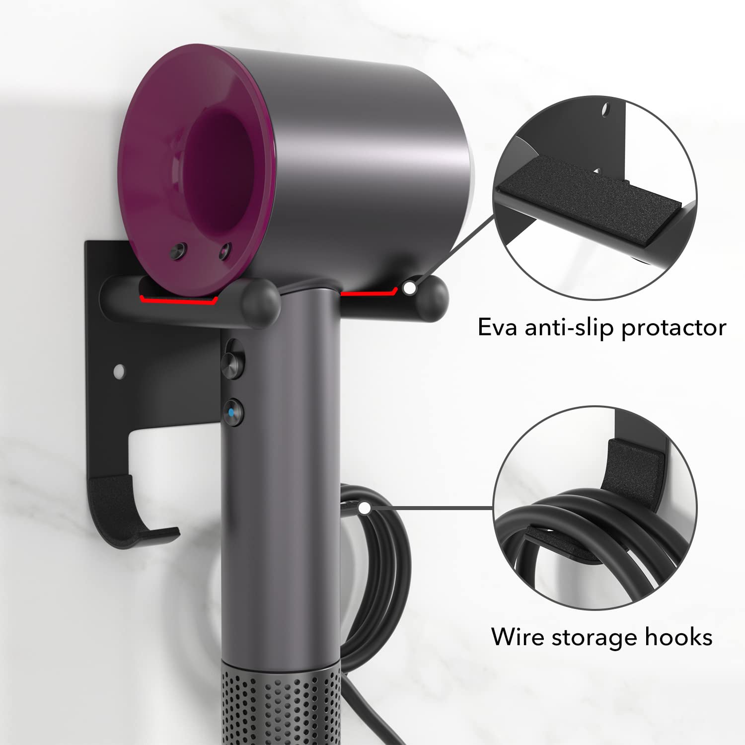 Hair Dryer Holder for Supersonic, with 4 Ring for Attachments Accessory Storage, with Wire Organization, Non-Slip Eva Protector, Black, Wall Mounted, Adhesive/Drilling
