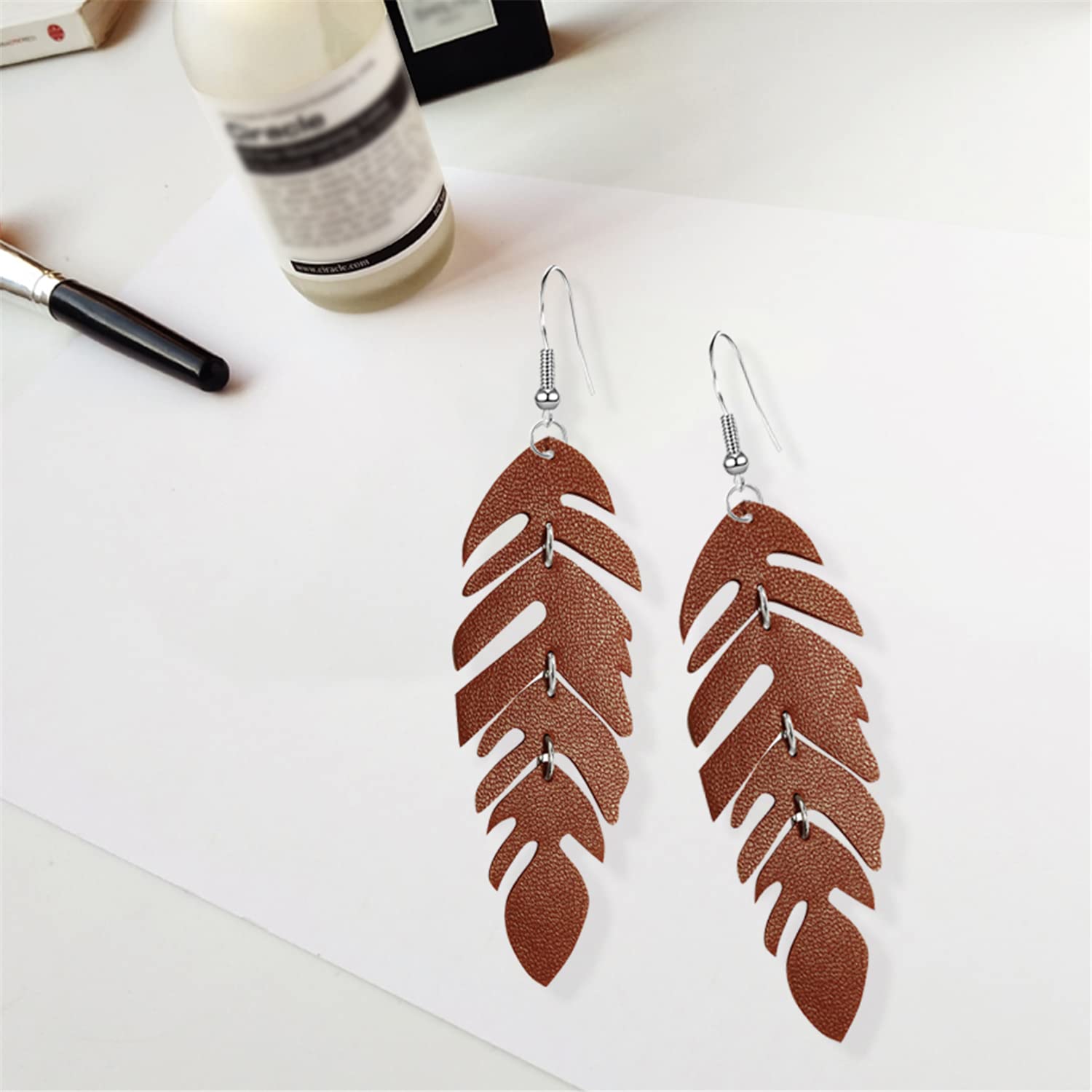 WUWEIJIAJIA Handmade Unique Lightweight Bohemian Genuine Leather Leaf Dangle Drop Earrings Dainty Sparkly Chain Feather Hook Earring for Women Statement (Brown)