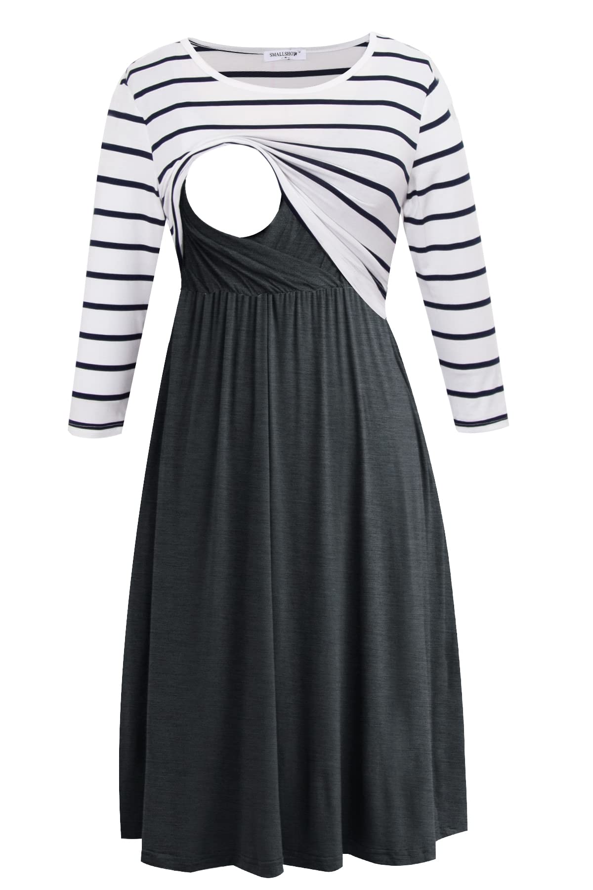 Smallshow Women's Maternity Nursing Dress 3/4 Sleeve Dress for Breastfeeding Medium White Stripe-Deep Grey