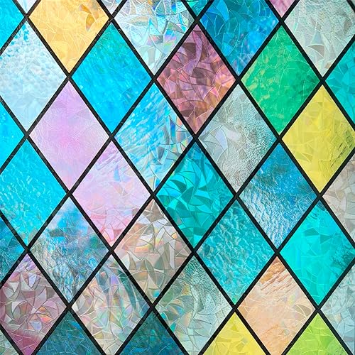 Colorful Stained Glass Window Film, Rainbow Door Privacy Films Static Cling Window Tint Decorative Sun Catcher Decal Heat Cotrol Anti UV for Home and Office,17.5x78.7 in.