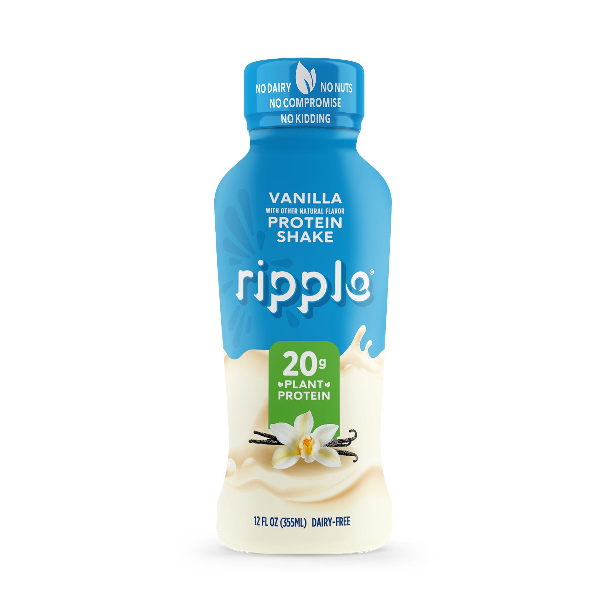 Ripple Vegan Protein Shake | Vanilla | 20g Nutritious Plant Based Pea Protein | Shelf Stable | No GMOs, Soy, Nut, Gluten, Lactose | 12 Oz, 12 Pack