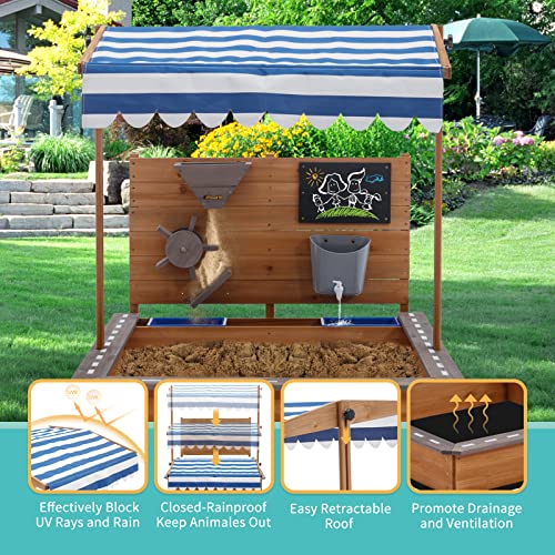 Kids Large Wooden SandBoxes with Roof, Pipleo Outdoor Sand Box Play w/Canopy for Backyard Garden Beach, Sand Pit for Beach Patio Outdoor, [Adjustable Cover & Sand Funnel & Drawing Board] - Brown Oak
