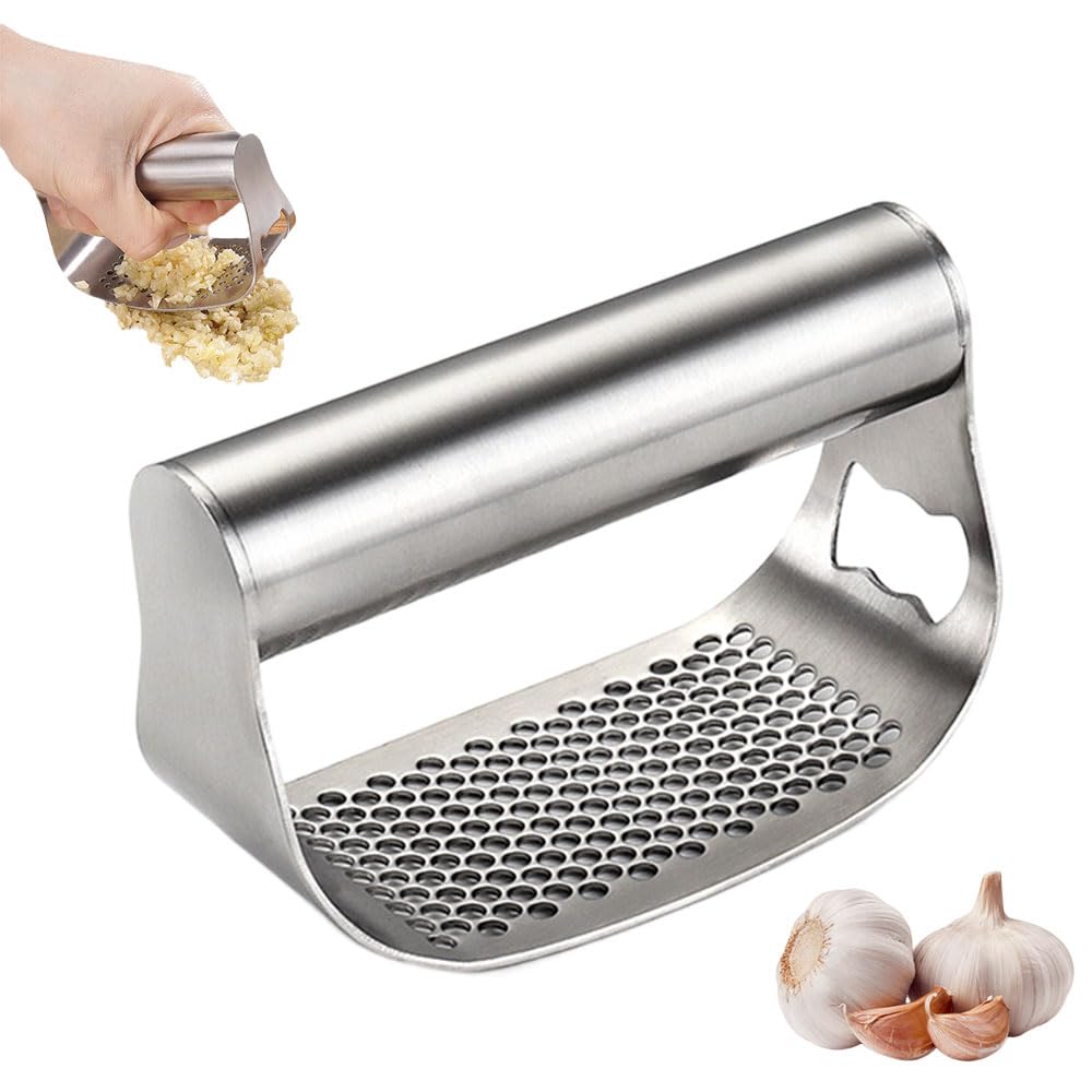 Stainless Steel Garlic Press,2024 Newest Garlic Press Stainless Steel Garlic Mincer Garlic Crusher with Peeler and Cleaning Brush,Handle Garlic Chopper for Smash Garlic Kitchen Tools (A)