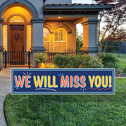 Beistle Durable Plastic Jumbo We Will Miss You Yard Sign with Metal Stakes Going Away Office Party Goodbye Retirement Outdoor Lawn Decorations, 11¾" x 3' 11", Blue/Orange/Yellow