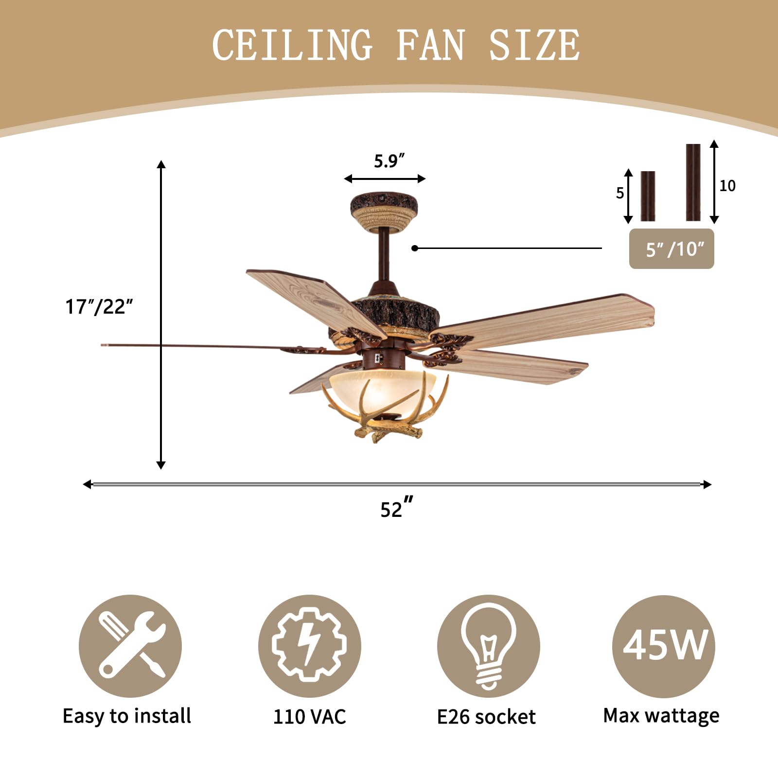 Tropwellhouse Indoor Rustic Ceiling Fan with Light and 5 Wood Blades, Modern Antler Ceiling Fan Homer Decoration for Bedroom Living Room Farmhouse Chandelider Fan with Remote of 52Inch (Bronze)