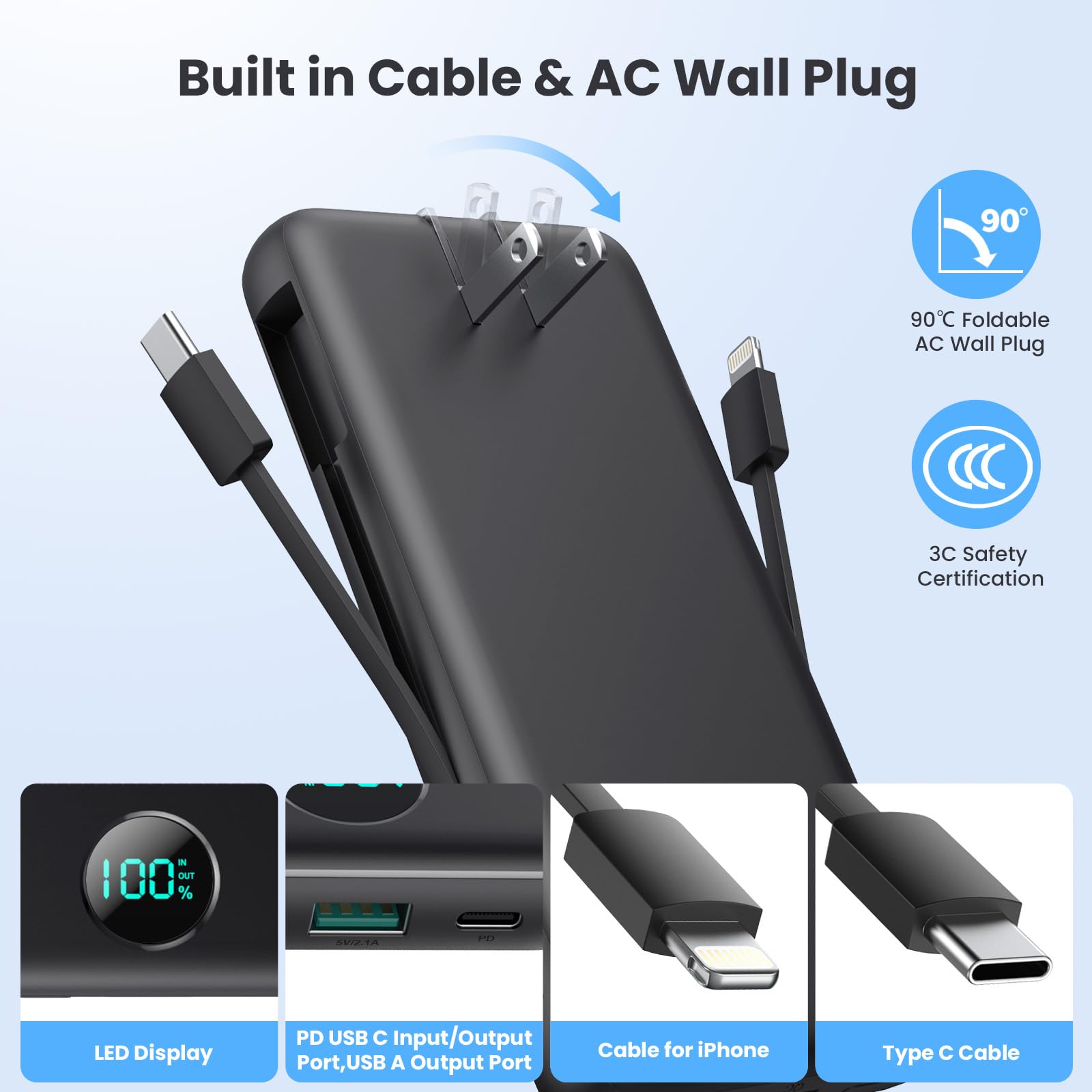 Portable Charger USB C Power Bank with 2 Built in Cables & AC Wall Plug,13800mAh Portable Battery Pack Fast Charging Compact LED Display Universal Compatible with iPhone 16/15,Galaxy S23,Tablets etc