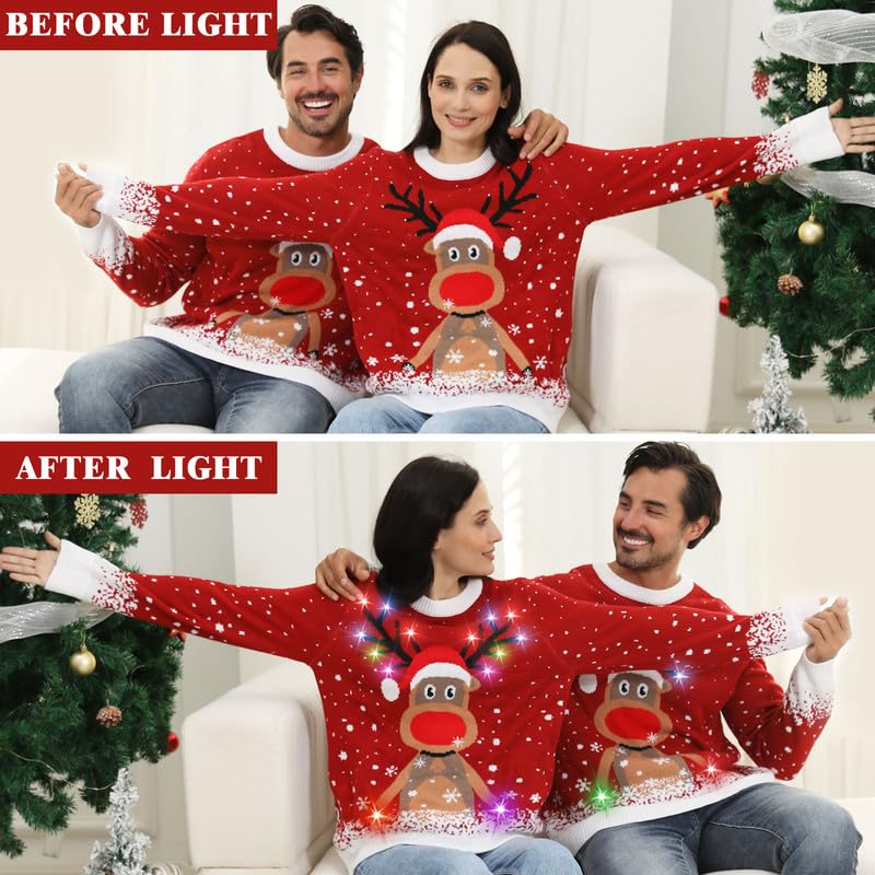 Ugly Christmas Sweaters for Women 2024 Men Light Up Christmas Sweater,Funny Reindeer Unisex Red Xmas Ugly Sweater for Couples