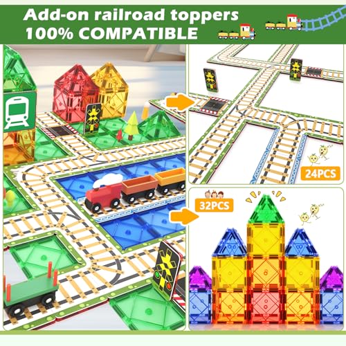 56PCS Magnetic Tiles Railroad Toppers Kids Toys Add-on Train Track Playset Playing with Trains Cars Preschool Learning Activities STEM Toys for Age 5-7