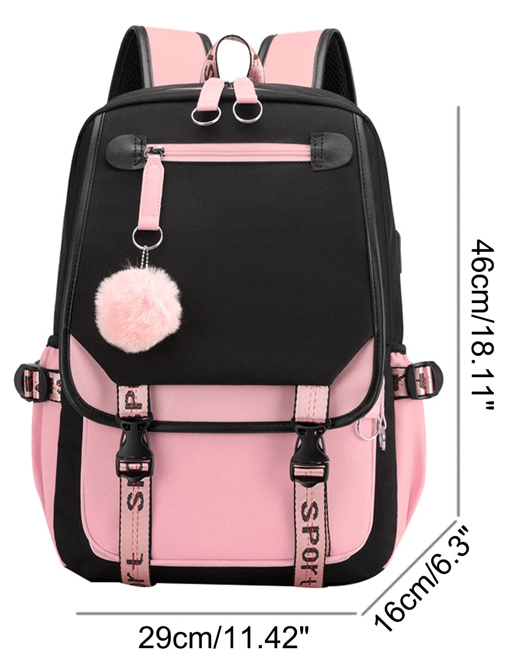 JiaYou Teenage Girls' Backpack Middle School Students Bookbag Outdoor Daypack with USB Charge Port (21 Liters, Black Pink)