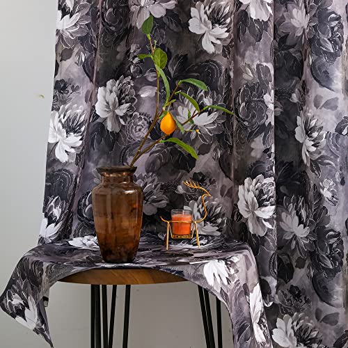 Tootop semi Transparent Floral Curtains 84 inches Long Rod Bag Gray and Yellow Flowers Plant Digital Print Curtains Living Room Bedroom Decorative Treatment 2 Panels 52W x 63L Blue & Gray