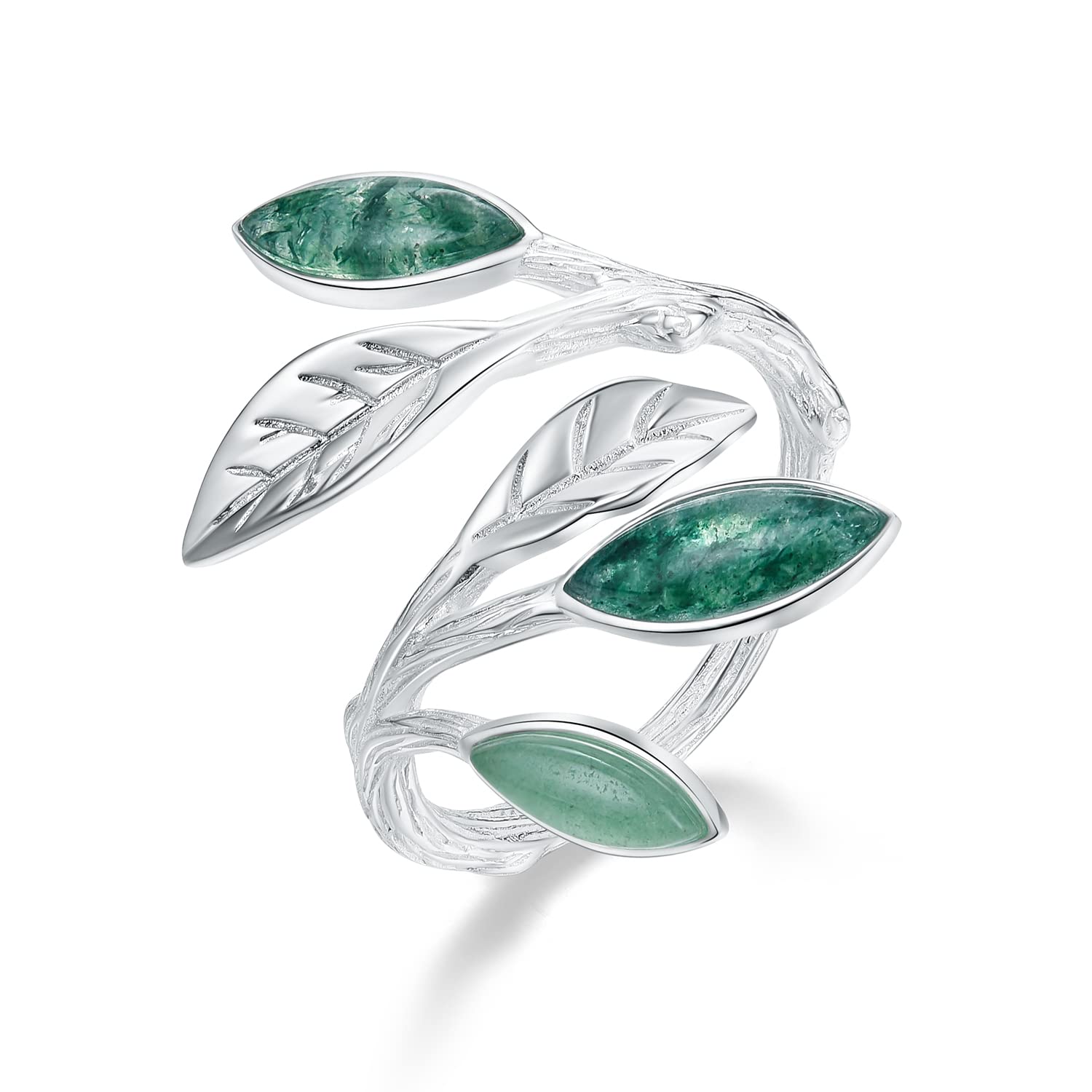 Lotus Fun S925 Sterling Silver Marquise Shape Jade Aventurine Open Leaf Ring Olive Leaf Ring Handmade Jewelry Unique Gifts for Women Mother Mom Wife