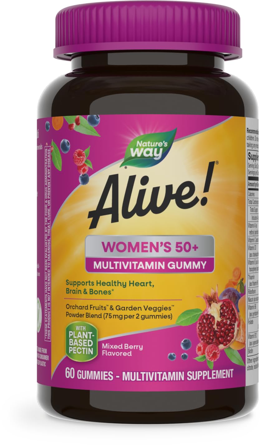 Nature's Way Alive! Women’s 50+ Gummy Multivitamin, Supports Multiple Body Systems*, Supports Healthy Heart, Brain & Bones*, B-Vitamins, Mixed Berry Flavored, 60 Gummies (Packaging May Vary)