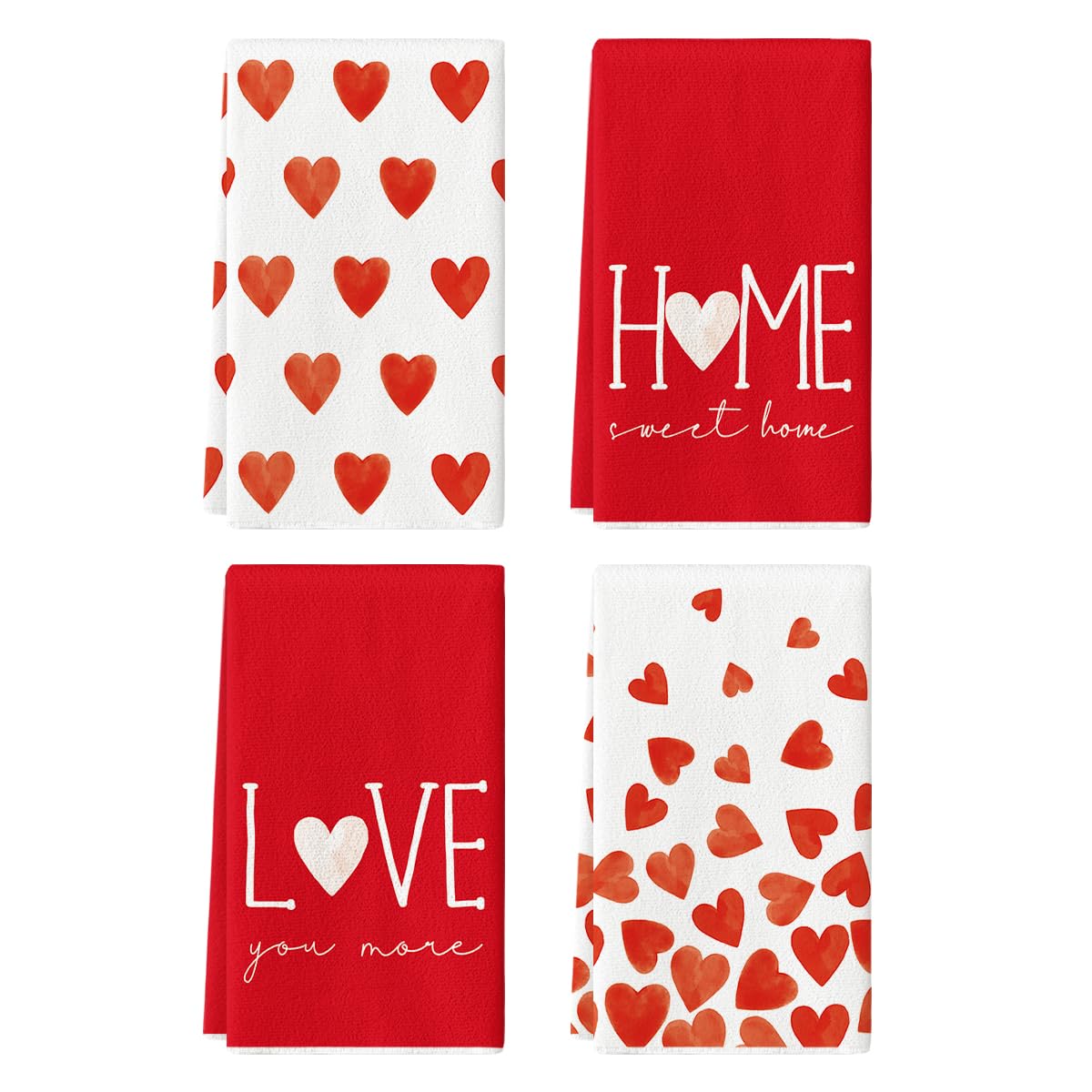 Artoid Mode Red Heart Love Valentine's Day Kitchen Towels Dish Towels, 18x26 Inch Farmhouse Anniversary Wedding Decoration Hand Towels Set of 4