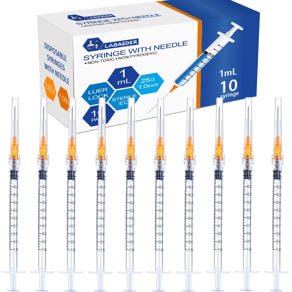 10 Pack 1ml Syringes with Needle - 25G, 1.0 inch Needle Luer Lock Syringe Individually Packaged