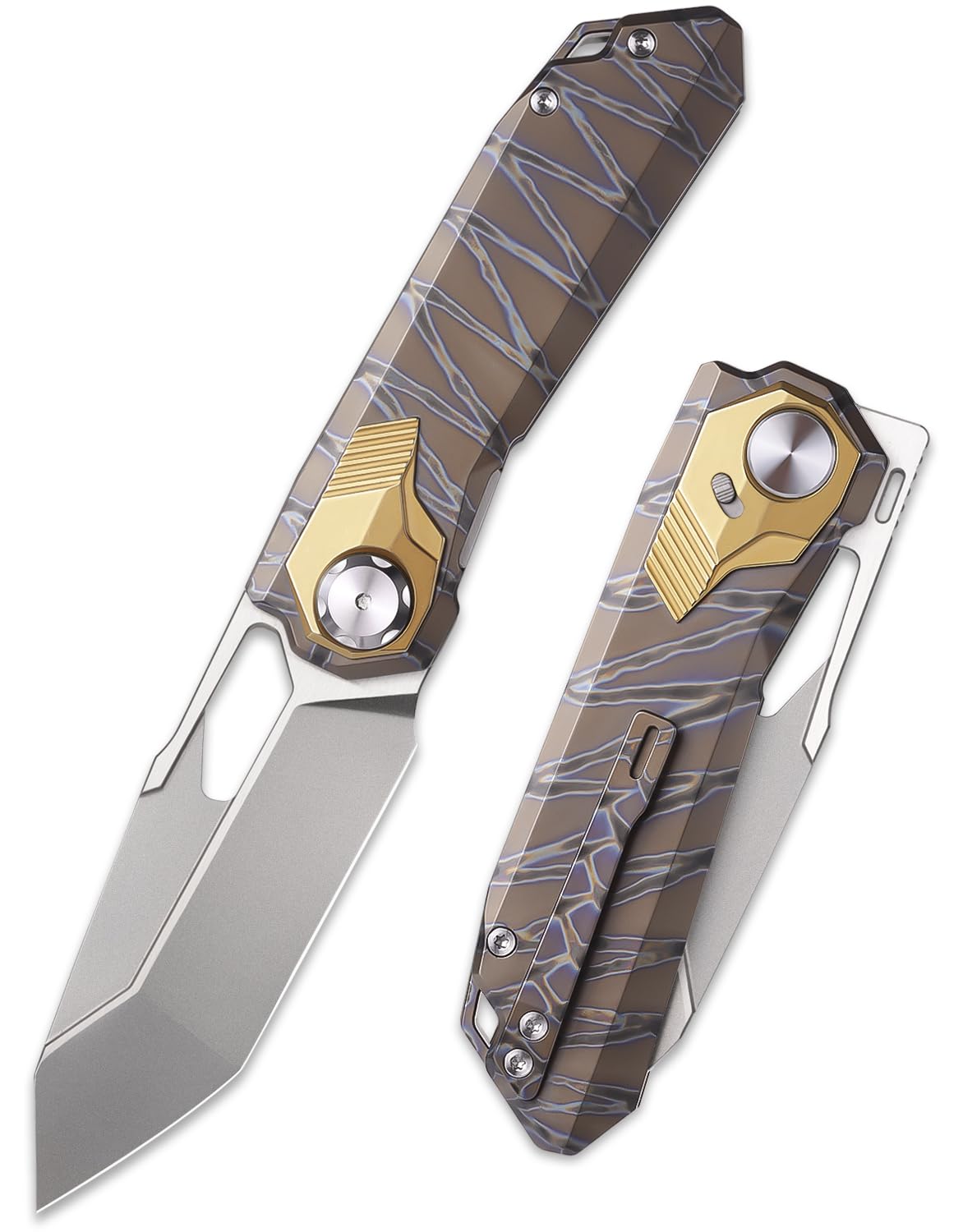 REMETTE Pocket Folding Knife Innovative Button Lock Manual Grinding Pearlescent Satin M390 Blade Titanium Handle Camping Hunting Survival Knives RT-Peregrine Falcon RTT1 (Tiger Stripe)