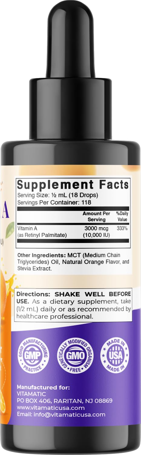 Vitamatic Sugar Free Vitamin A Liquid Drops 10000 IU (3000 mcg) as Retinyl Palmitate - Approximate 4 Months Supply - Immune Support, Eye Health, Skin Health - 2 FL OZ (59 ml)