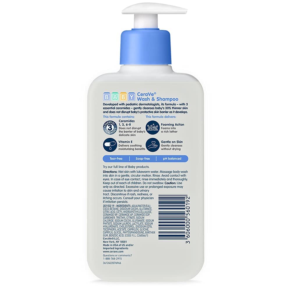 CeraVe Baby Wash & Shampoo | Fragrance, Paraben, & Sulfate Free Shampoo for Tear-Free Baby Bath Time | 8 Ounce