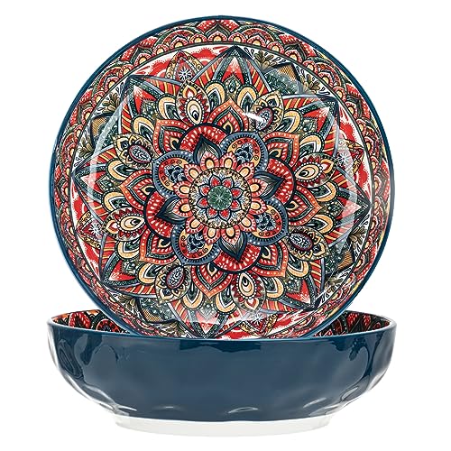 Boho Large Serving Bowls, 10.2 Inch Fruit Salad Bowls, Decorative Serving Dishes for Entertaining, 75 OZ Pasta Bowls Set of 2, Vibrant Color Ramen Bowls for Party, Home Decor, Bohemian Style Gift