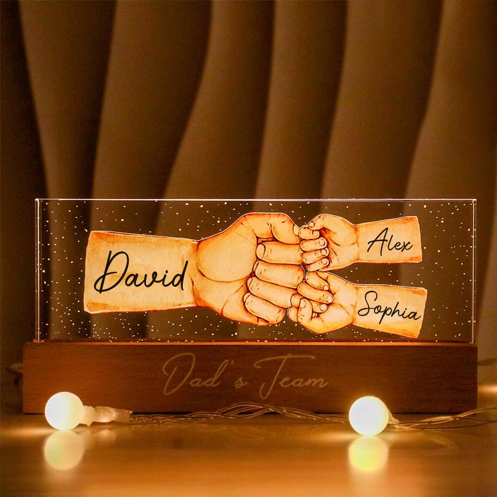 Dad's Team Fist Bump Personalized Acrylic LED Night Light, Custom Dad Night Light, Father's Day Christmas Birthday Gifts for Daddy, Papa, Grandpa, Husband, Fist Bump Night Light, Fathers Day Decor