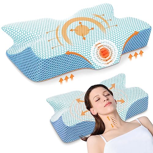 Anvo Cervical Neck Pillow for Neck and Shoulder Pain - Memory Foam Neck Pillows for Pain Relief Sleeping, Side Sleeper Pillow, Contour Orthopedic Firm Pillow for Back Stomach Sleeper - Blue