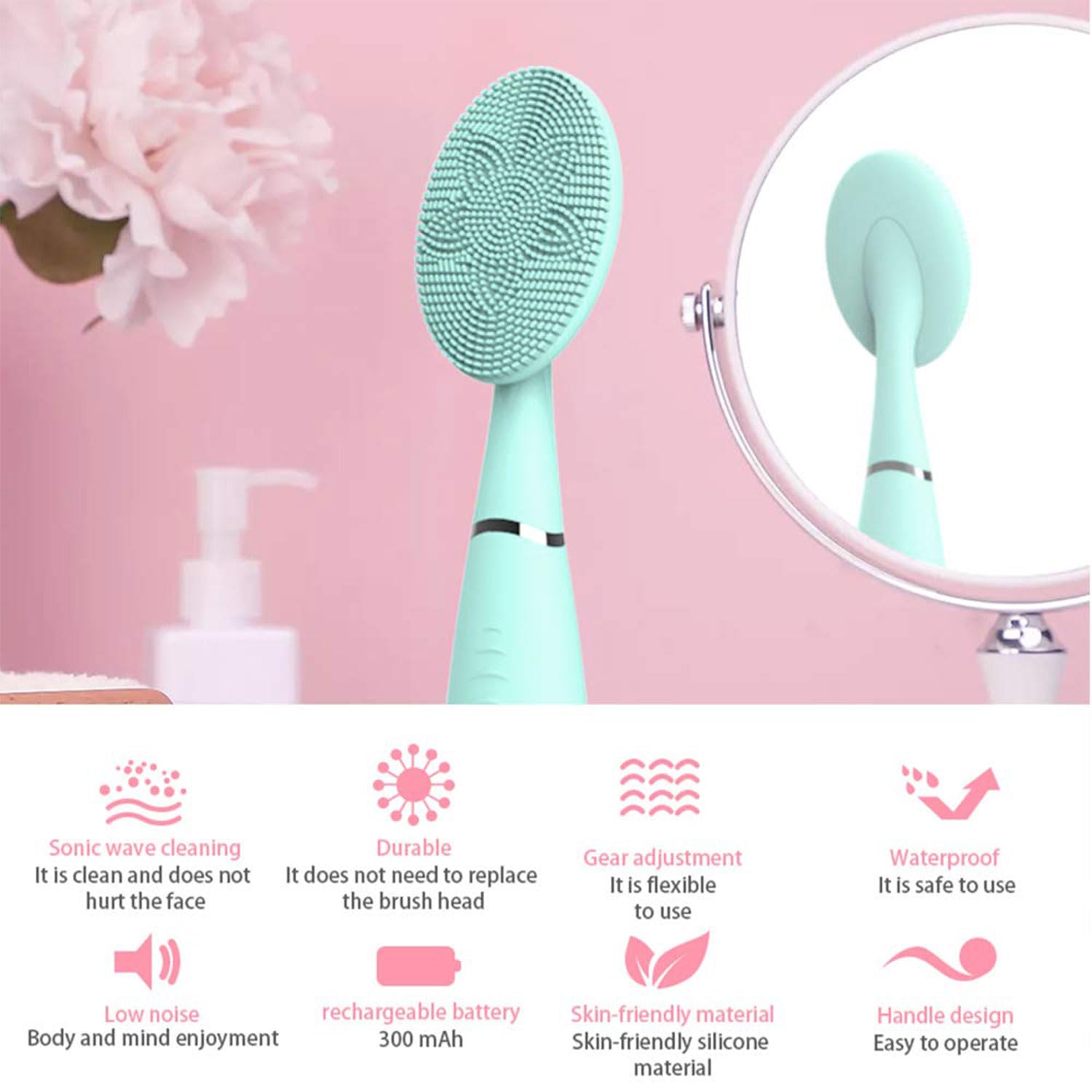 Sonic Facial Cleansing Brush, Lyrzzey Portable Handled Face Cleansing Brush with 5 Adjustable Speeds Vibrating Rechargeable Face Cleansing Brush for Deep Cleaning Gentle Exfoliating Massaging(Blue)