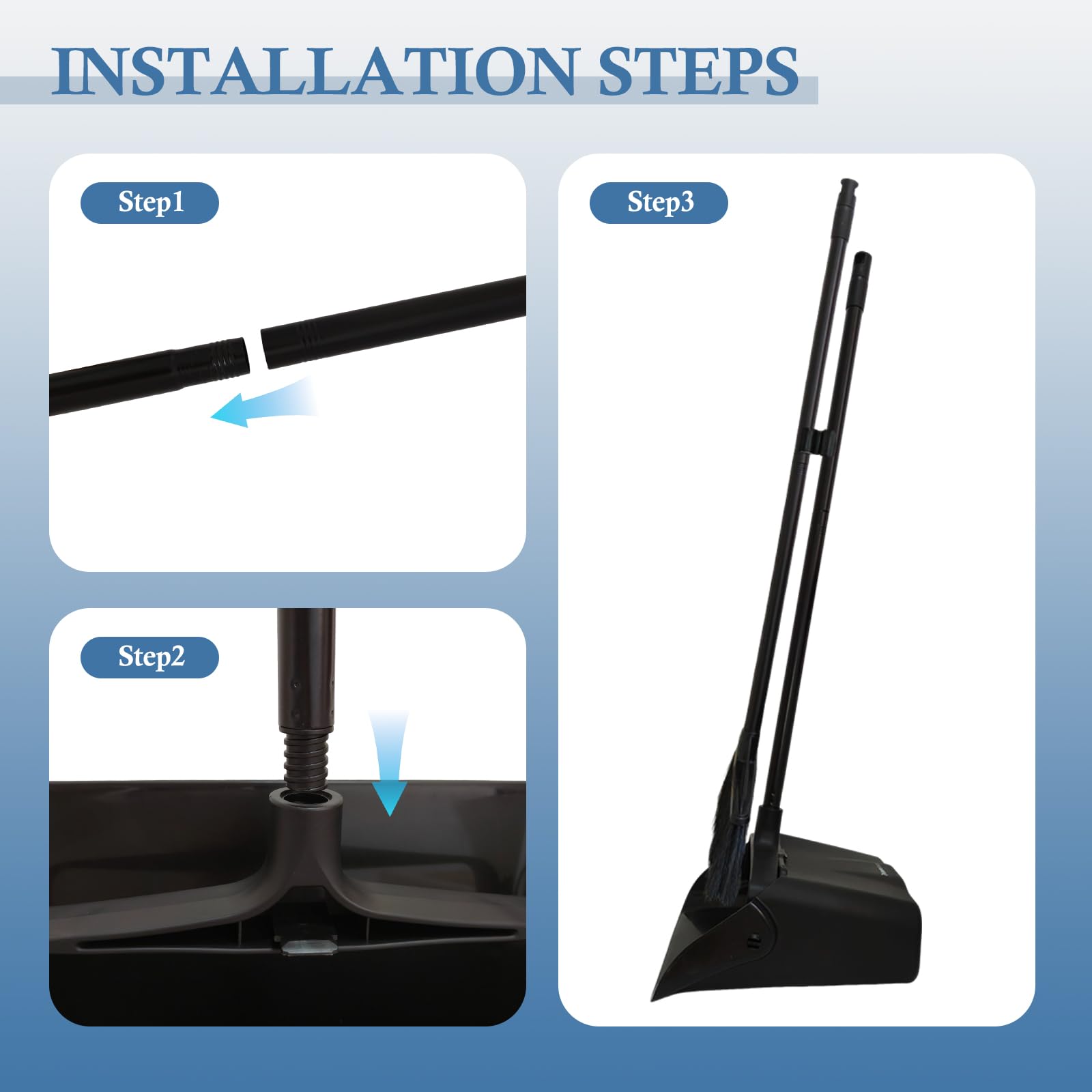 Primero Basics Broom and Dustpan Set with Long Handle and Wheels, Upright Standing Heavy Duty Large Dust Pan and Broom Combo for Indoor Outdoor, Kitchen, Garage, Restaurant Cleaning – Black