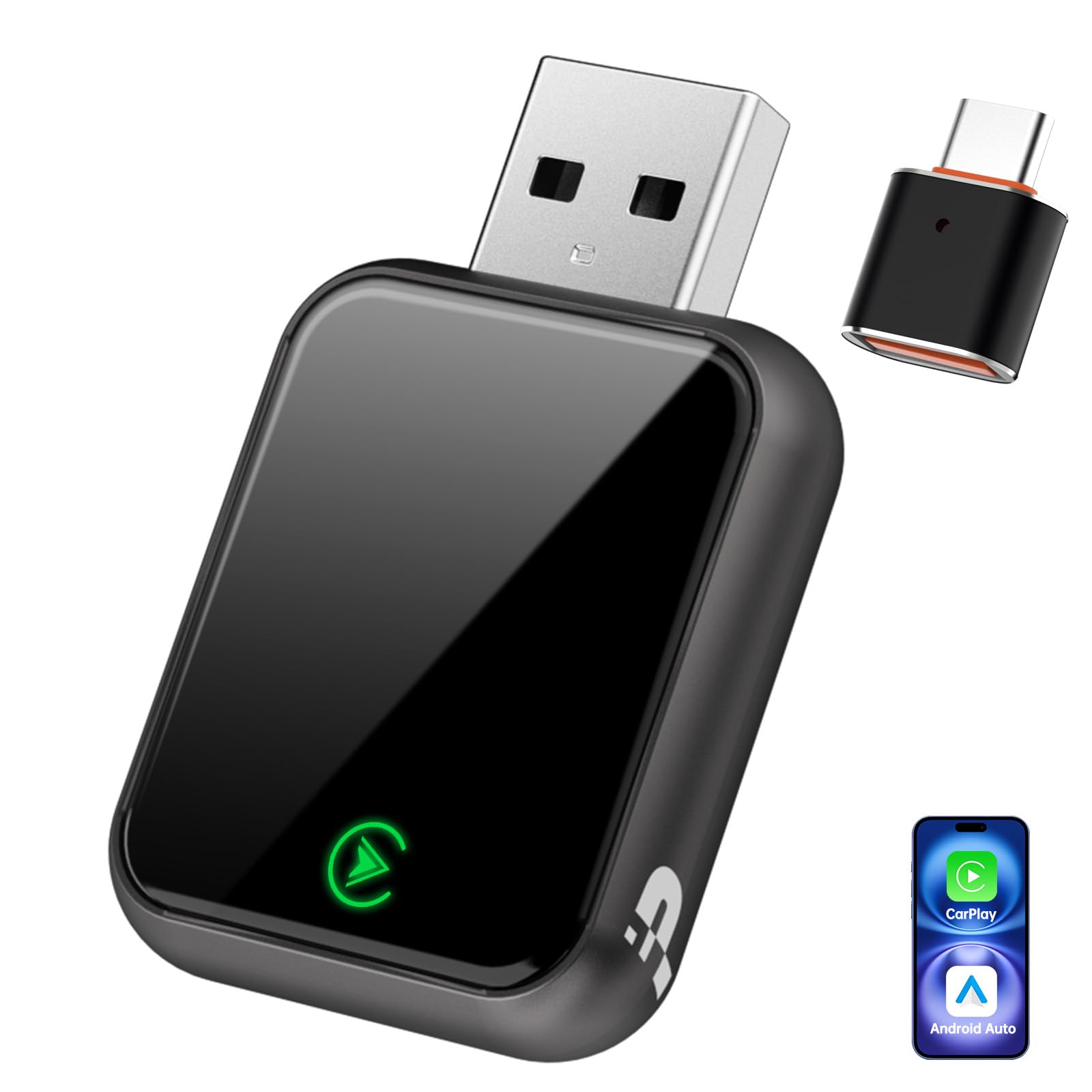 Wireless CarPlay Adapter for iPhone, 2 in 1 Carplay Wireless Adapter for Apple & Android Auto (2016+ Models), Compatible with Cars with Factory Wired Carplay, Car Play Dongle with USB/USB-C(Dark Grey)