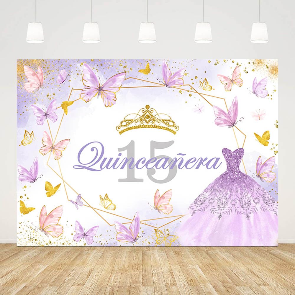 AIBIIN 7x5ft Quinceanera 15th Birthday Backdrop for Photography Purple 15th Birthday Party Decorations Background for Girls Crown Princess Dress Butterfly Banner Photo Props