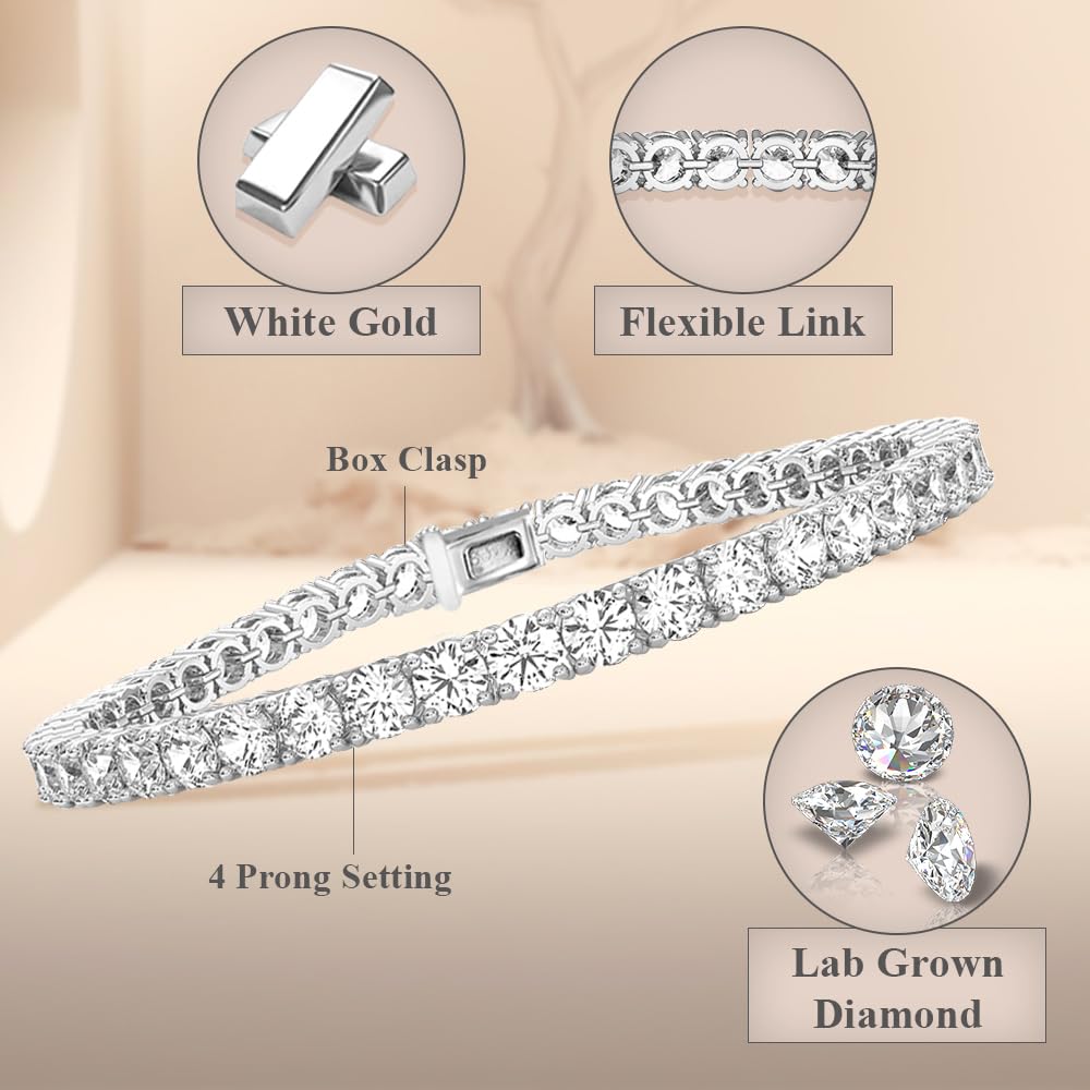 Diamond2Deal 14k White Gold Round Cut Lab Grown Diamond Tennis Bracelet (7 ct, Color-D, Clarity- VS) 7"