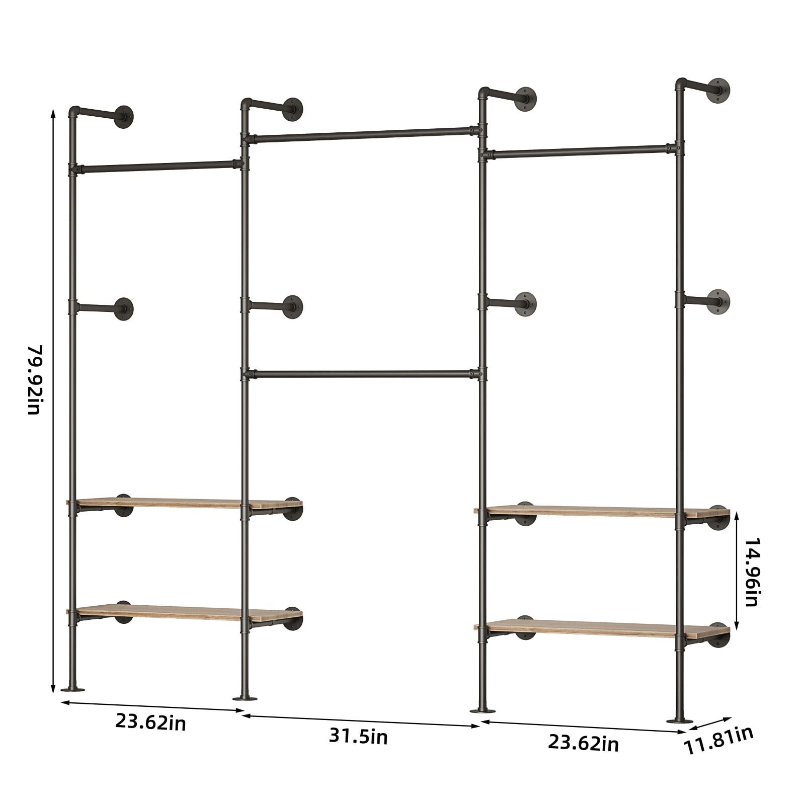 Woskar Industrial Pipe Clothing Rack, Wall Mounted Clothes Rack for Hanging Clothes, Retail Display Rack with Shelves, Add Corner installation Method (Black, III-2Tier)