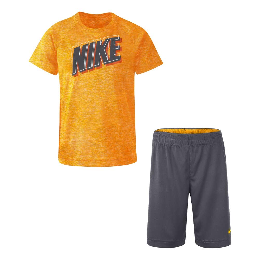 Nike Boy`s Dri-Fit T-Shirt & Shorts 2 Piece Set (Dark Gray(86E908-G1A)/Orange, 4)