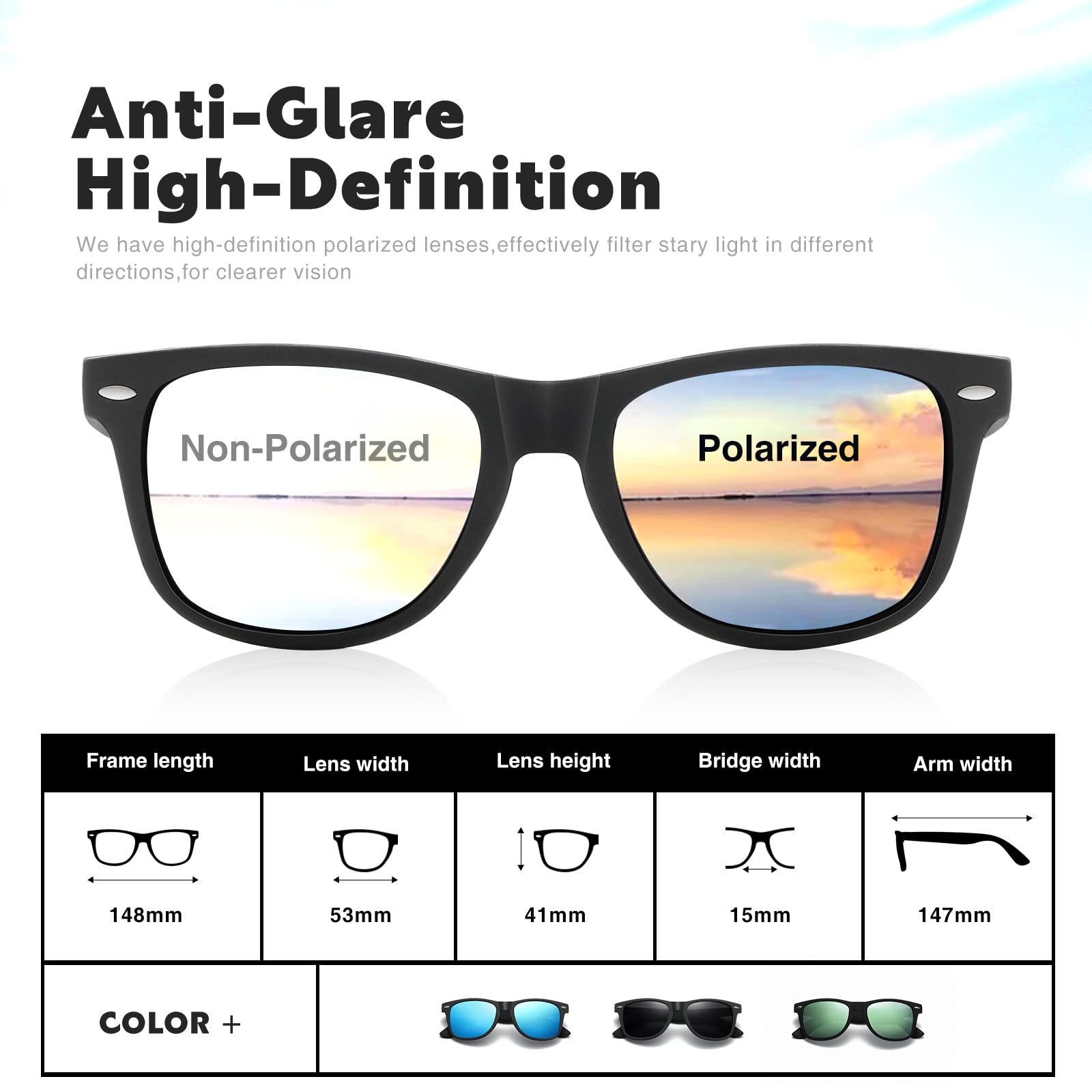DEMIKOS Sunglasses Unisex Polarized Mens Sunglasses - Essential for Daily Life and Travel Mens Sunglasses (heihui+binlan+heibai), Blue, Medium