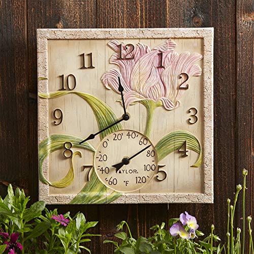 Taylor 14" x 14" Poly Resin Beachwood Flower Clock with Thermometer, One Size, Multicolored