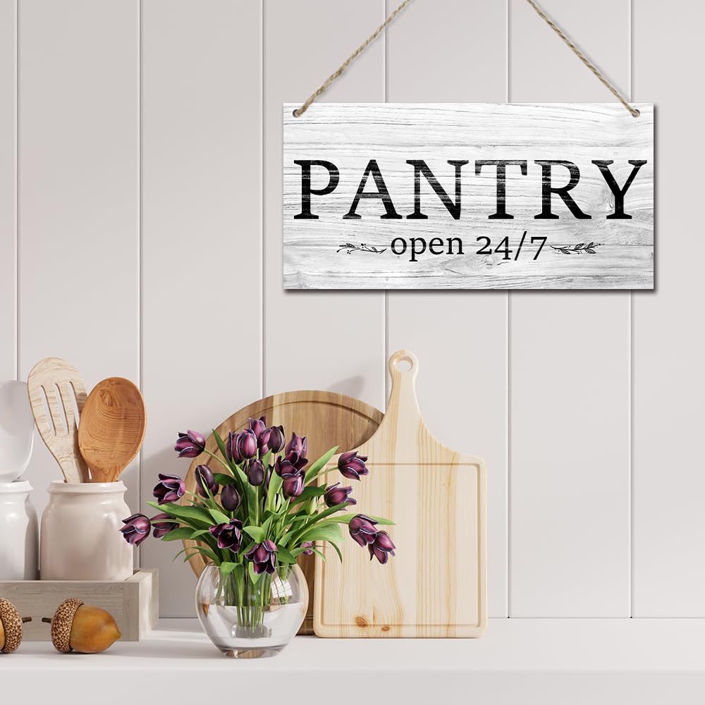 Hanging Pantry Room Sign Pantry Open 24/7 Wood Plaque Signs Wall Hanging for Farmhouse Home Restaurant Coffee Shop Decor, Kitchen Pantry Signs Wall Decor 11.8 x 5.9 Inches - JY783