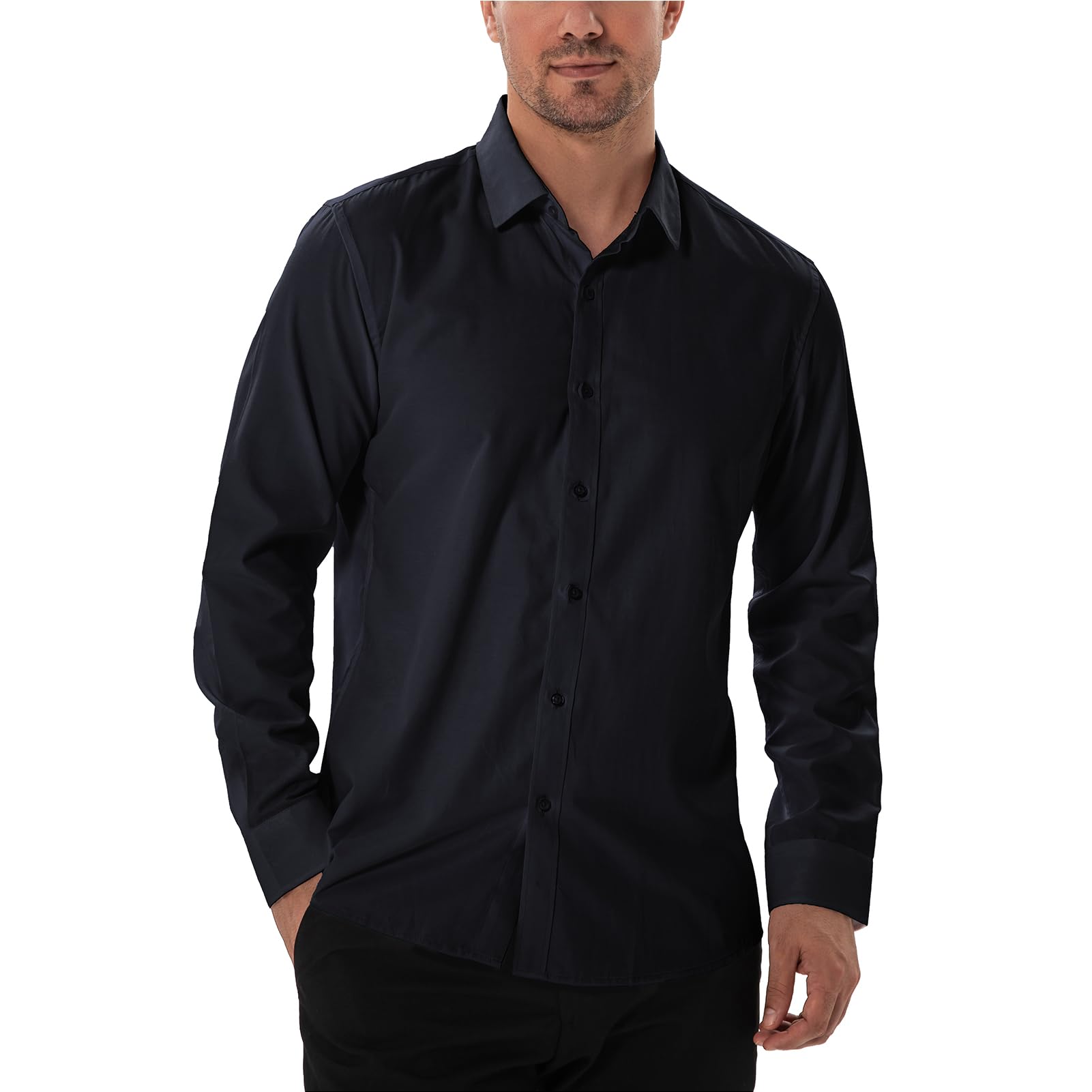 DELCARINO Men's Dress Shirts Stain Shield Stretch Slim Fit Shirts Wrinkle-Free Formal Business Button Down Shirt Black Large