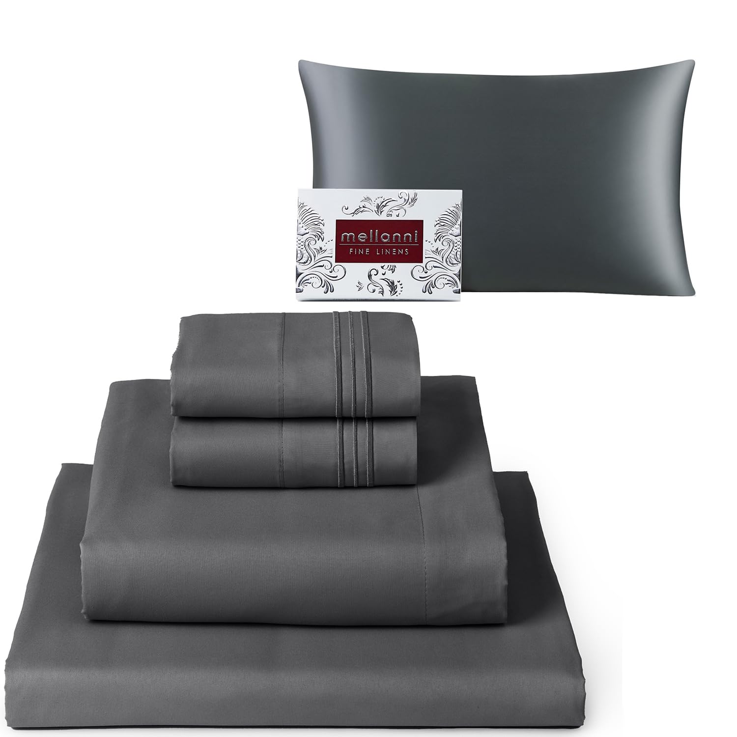 Mellanni Bed Sheet Set + Silk Pillowcase Bundle&Save - Hotel Luxury Bedding Sheets & Pillowcases - Bundle Includes: 4pcs Bed Sheet Set and 1 Mulberry Silk Pillowcase for Hair and Skin (Queen, Gray)