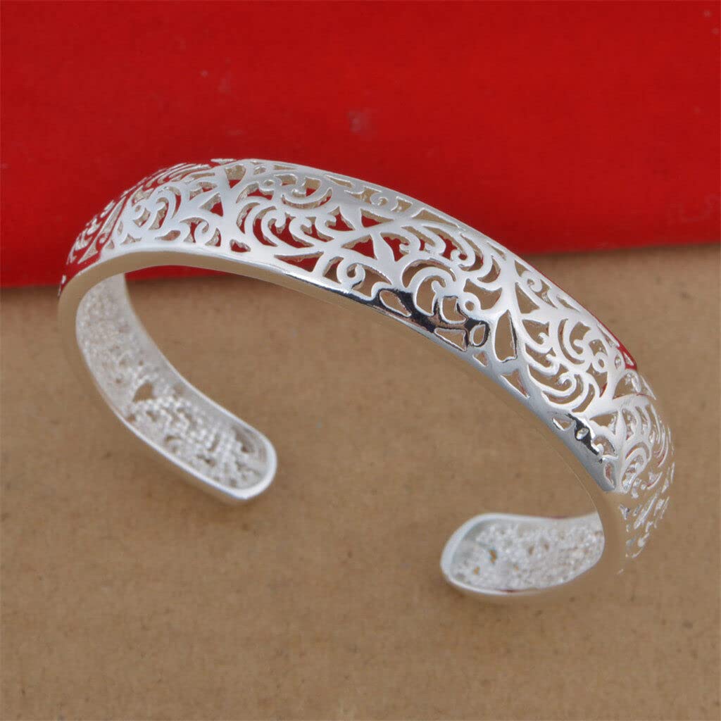 Bracelets, Women's 925 Sterling Silver Bezel Hollow Cuff Bangle Open Bracelet Jewelry Gift Durability and Attraction