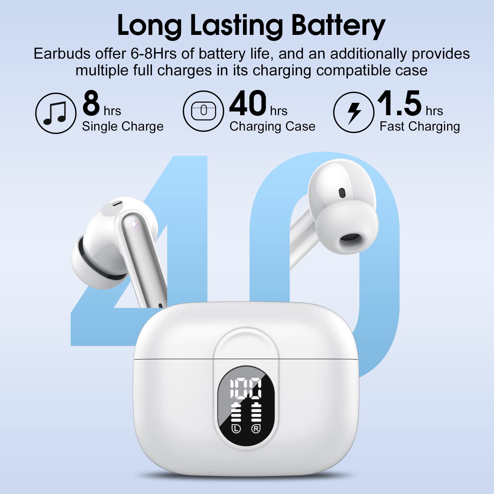 Wireless Earbuds, 2024 Bluetooth Headphones 5.3 HiFi Stereo Earphones, 40H Playtime in-Ear Earbud, Bluetooth Earbud with LED Power Display, IP7 Waterproof Earphones Sport Headset for Android iOS