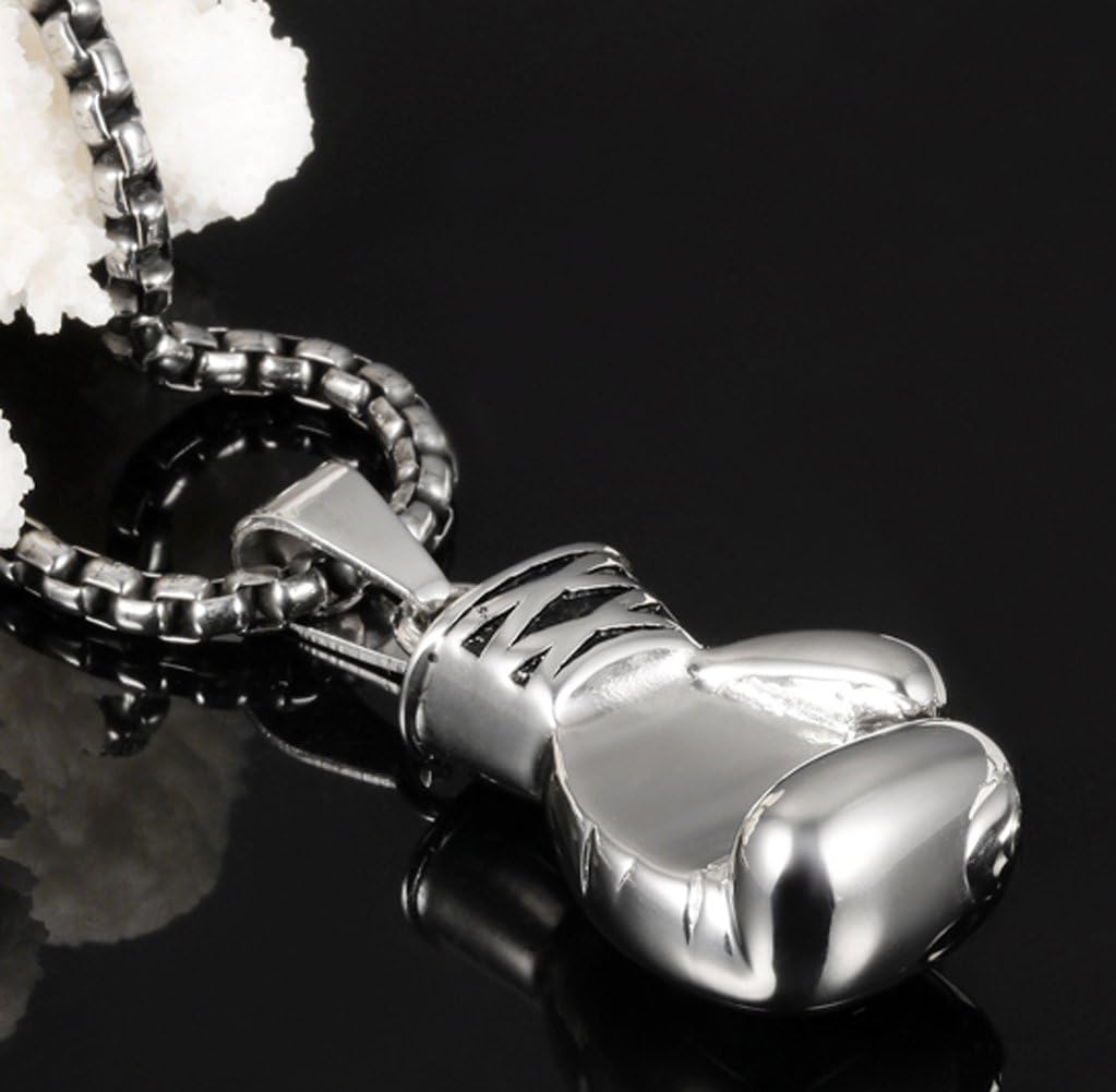 Hamoery Men Women Punk Stainless Steel Silver Boxing Glove Chain Pendant Necklace(Silver(Men))