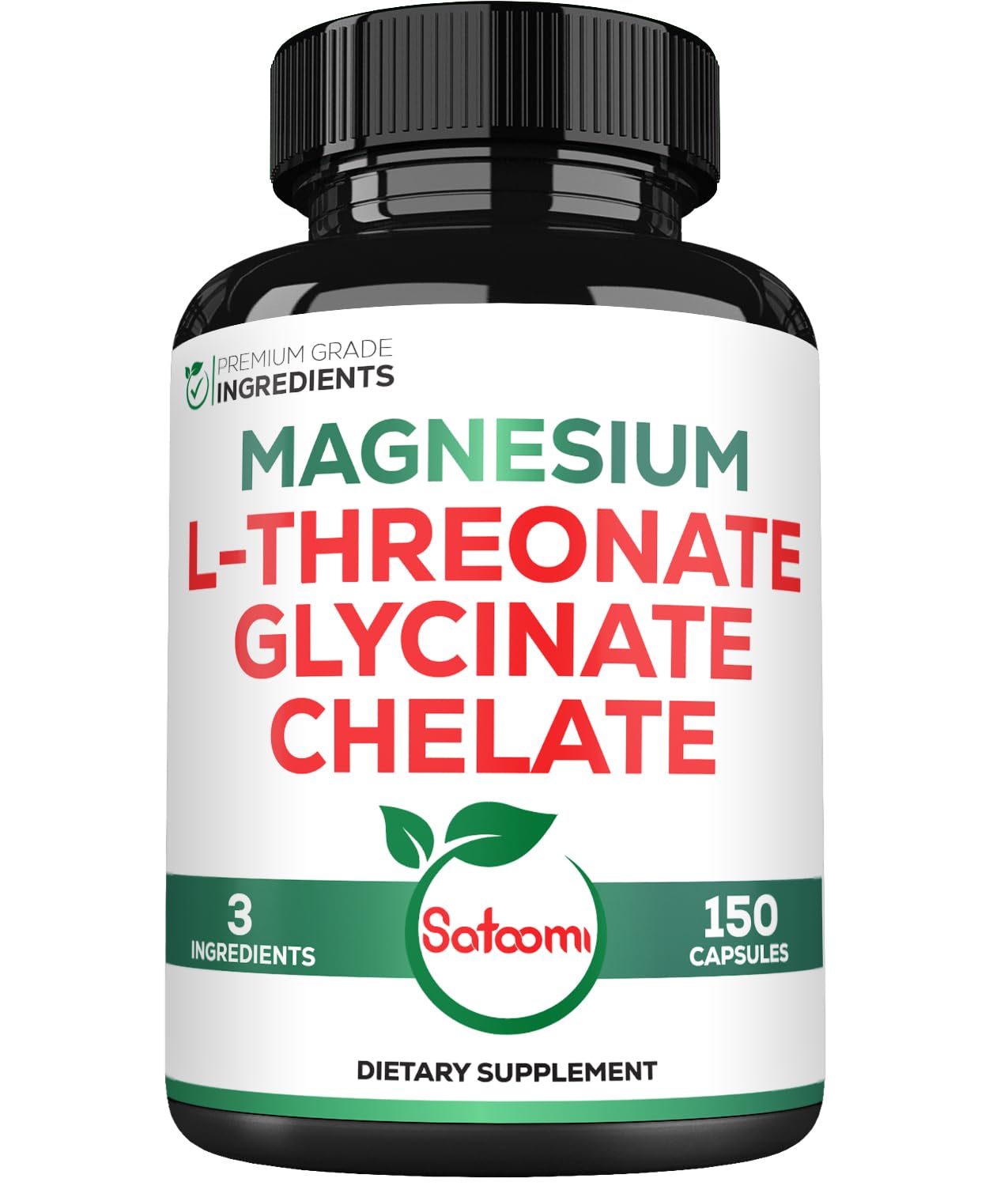 Satoomi 1200mg 3in1 Magnesium L-Threonate 500mg Supplement with Magnesium Glycinate 500mg & Magnesium Chelate 200mg - 150 Vegan Capsules