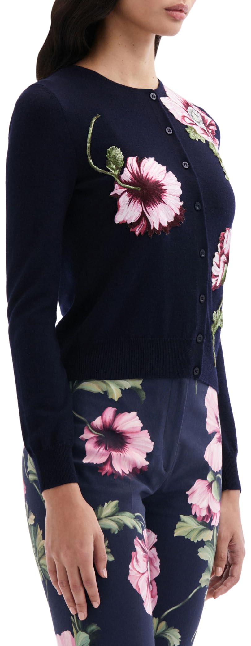 Oscar de la Renta, Poppy Threadwork Cardigan, Navy/Pink, XL